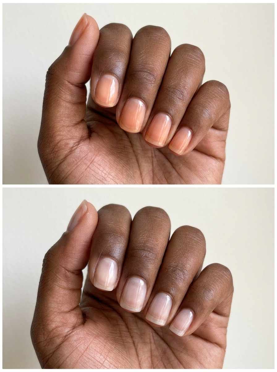 Top: Peach-water short nails. Bottom: Softly clouded clear. Two manicure designs.
