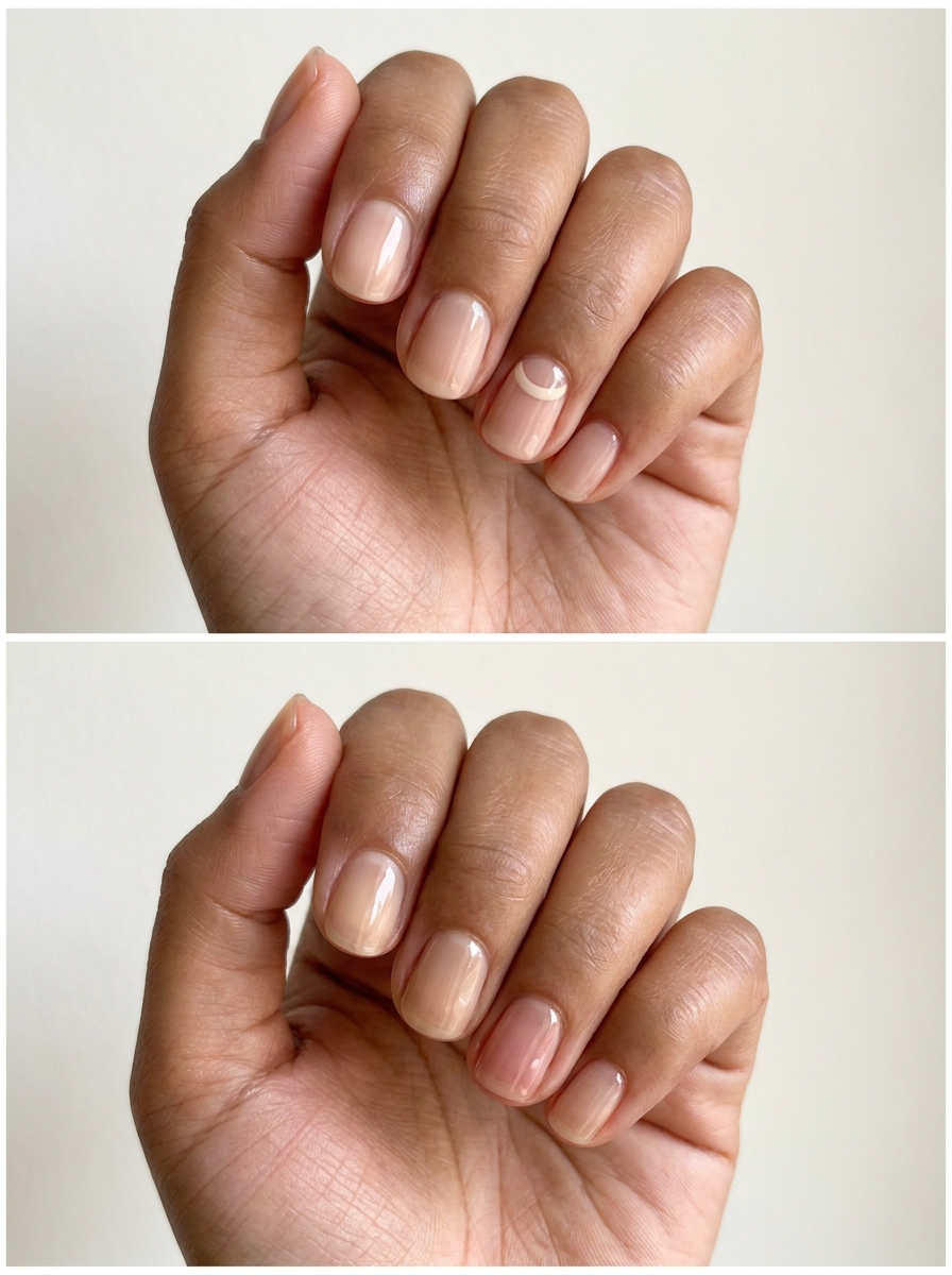 Top: Single pale crescent. Bottom: One translucent blush accent nail. Two manicure designs.