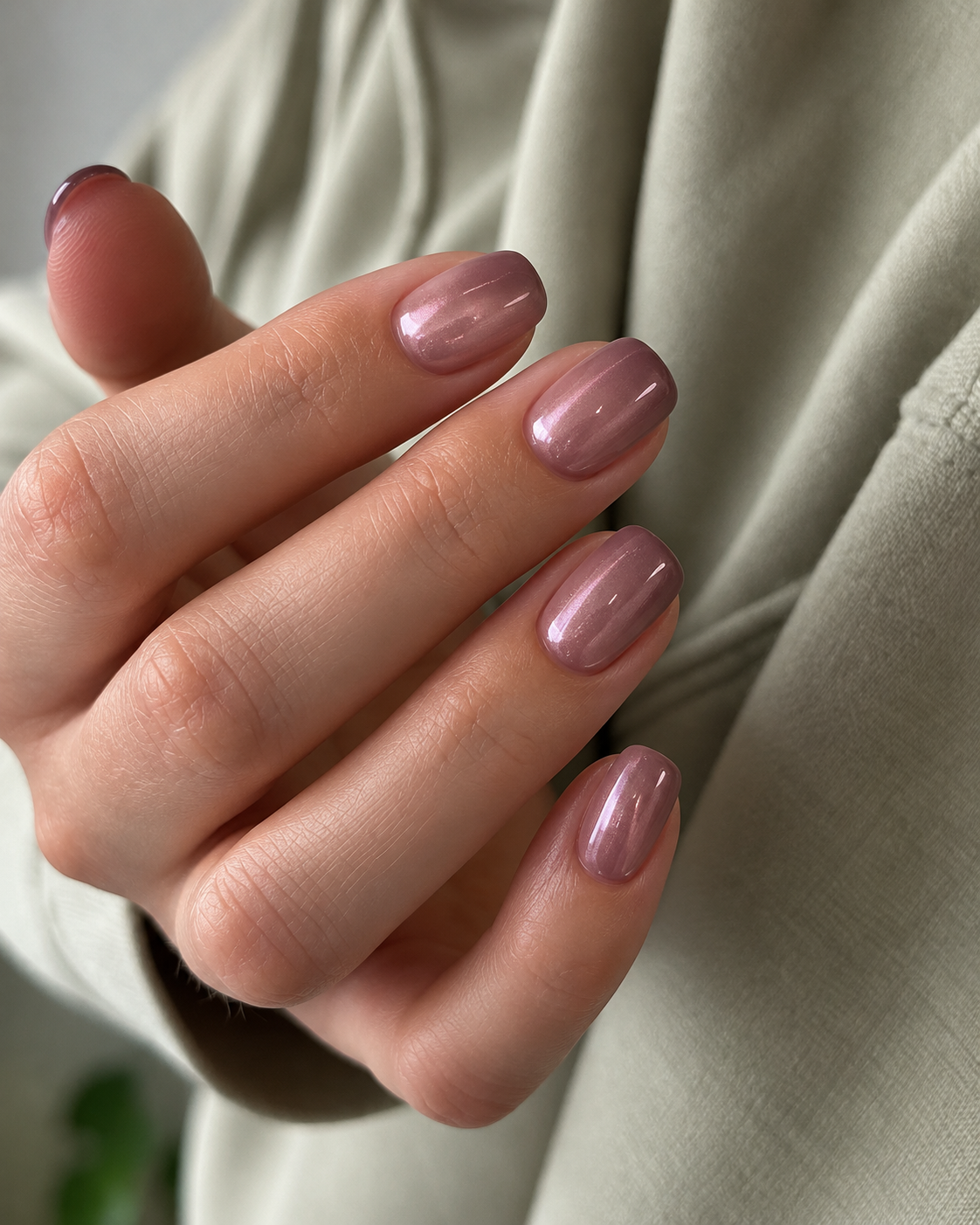 Short mauve nails with a subtle pearl sheen.