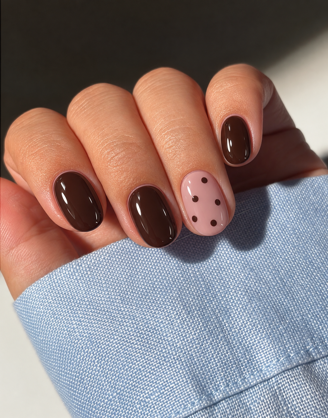 Espresso nails with five dark dots on a dusty-rose ring-finger accent.