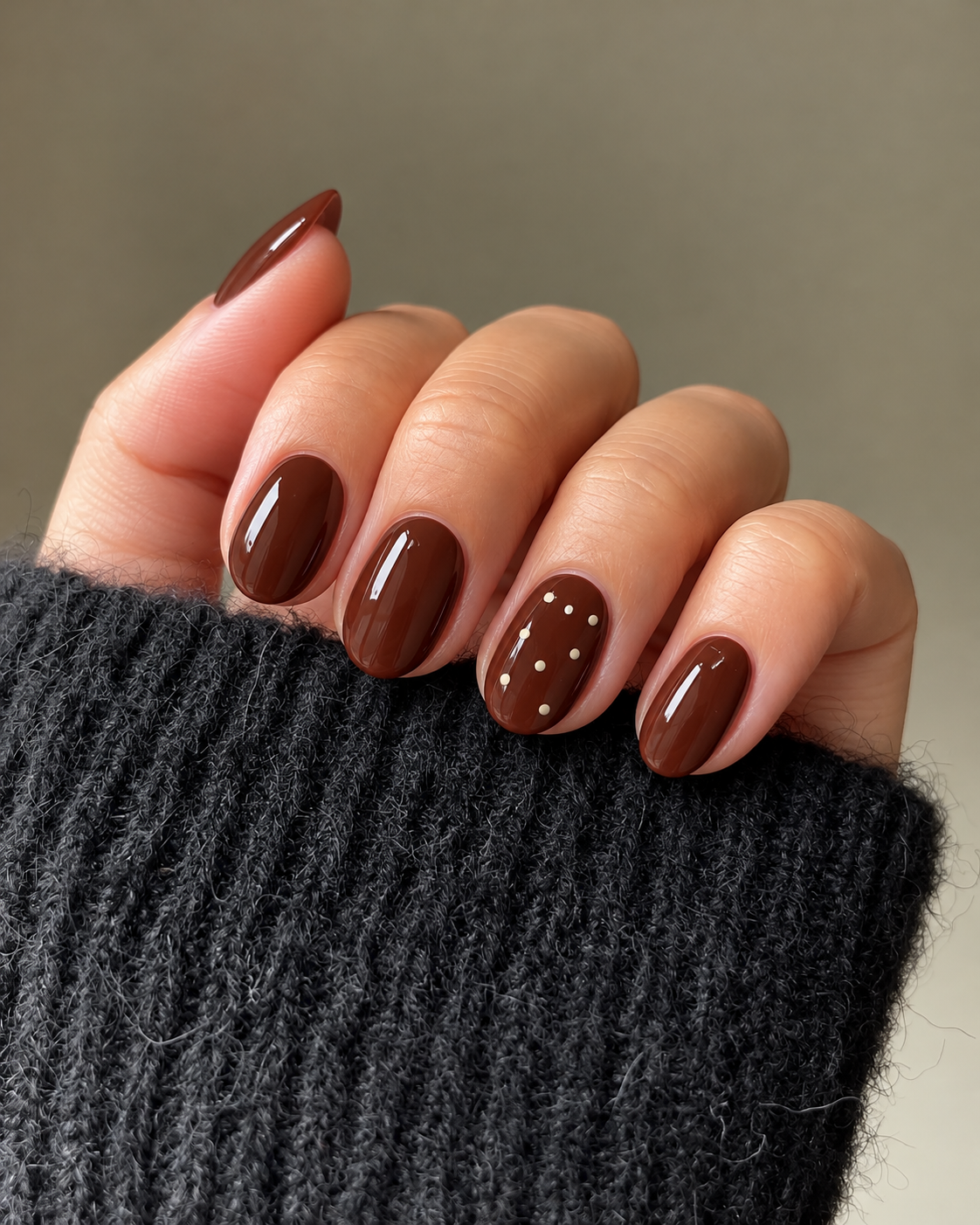 Glossy chestnut nails with tiny cream dots on the ring finger.