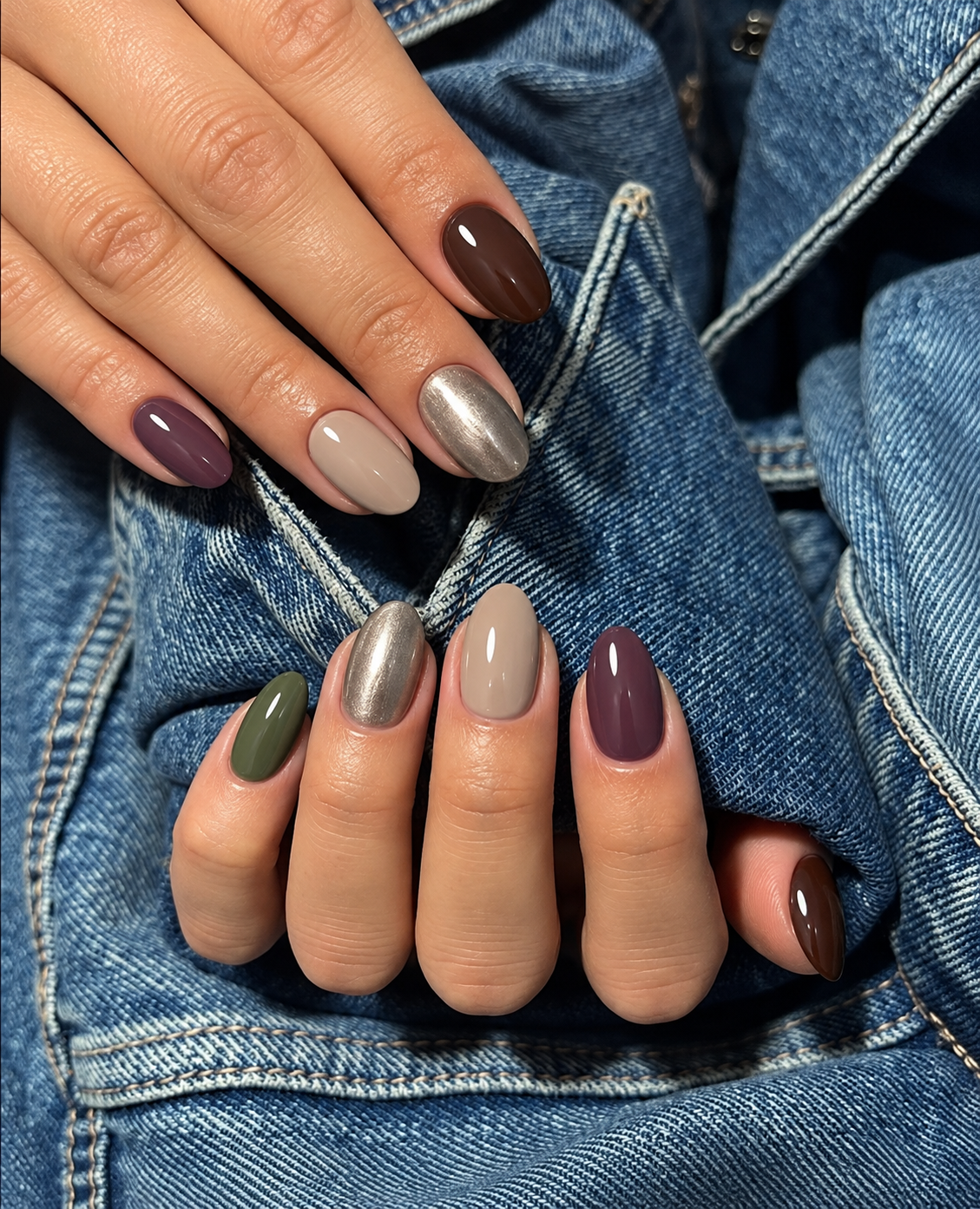 Short oval nails combining espresso, smoky plum, mushroom beige, pewter and moss green.