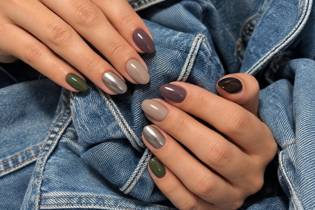Short oval nails combining espresso, smoky plum, mushroom beige, pewter and moss green.