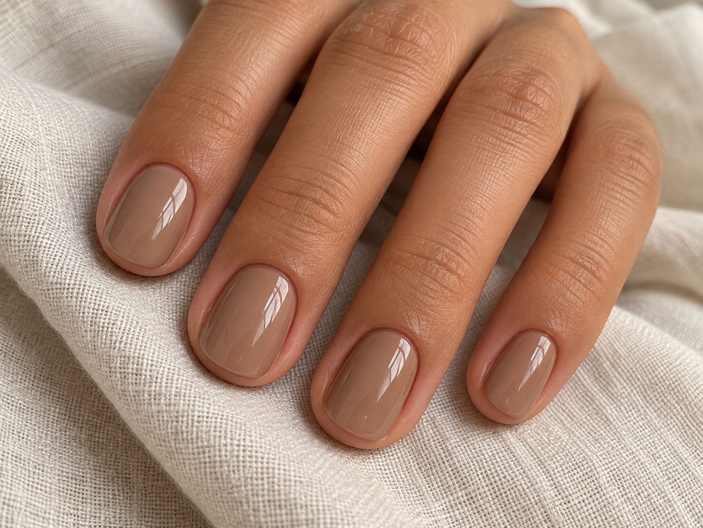 Short rounded nails painted a warm chai-beige shade with a glossy finish.