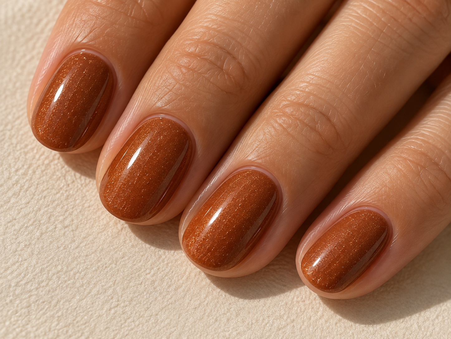 Short oval nails in cinnamon brown with a fine warm shimmer.