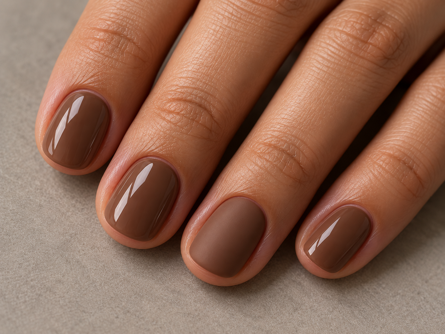Short cocoa-brown nails with glossy finishes and one matte ring fingernail.