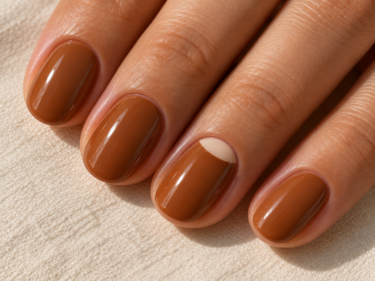 Short caramel nails with a small cream half-moon at the base of the ring fingernail.