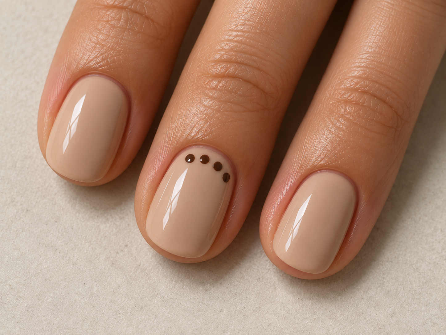 Short beige nails with four small espresso-brown dots forming a loose cuff near the base of one accent nail.