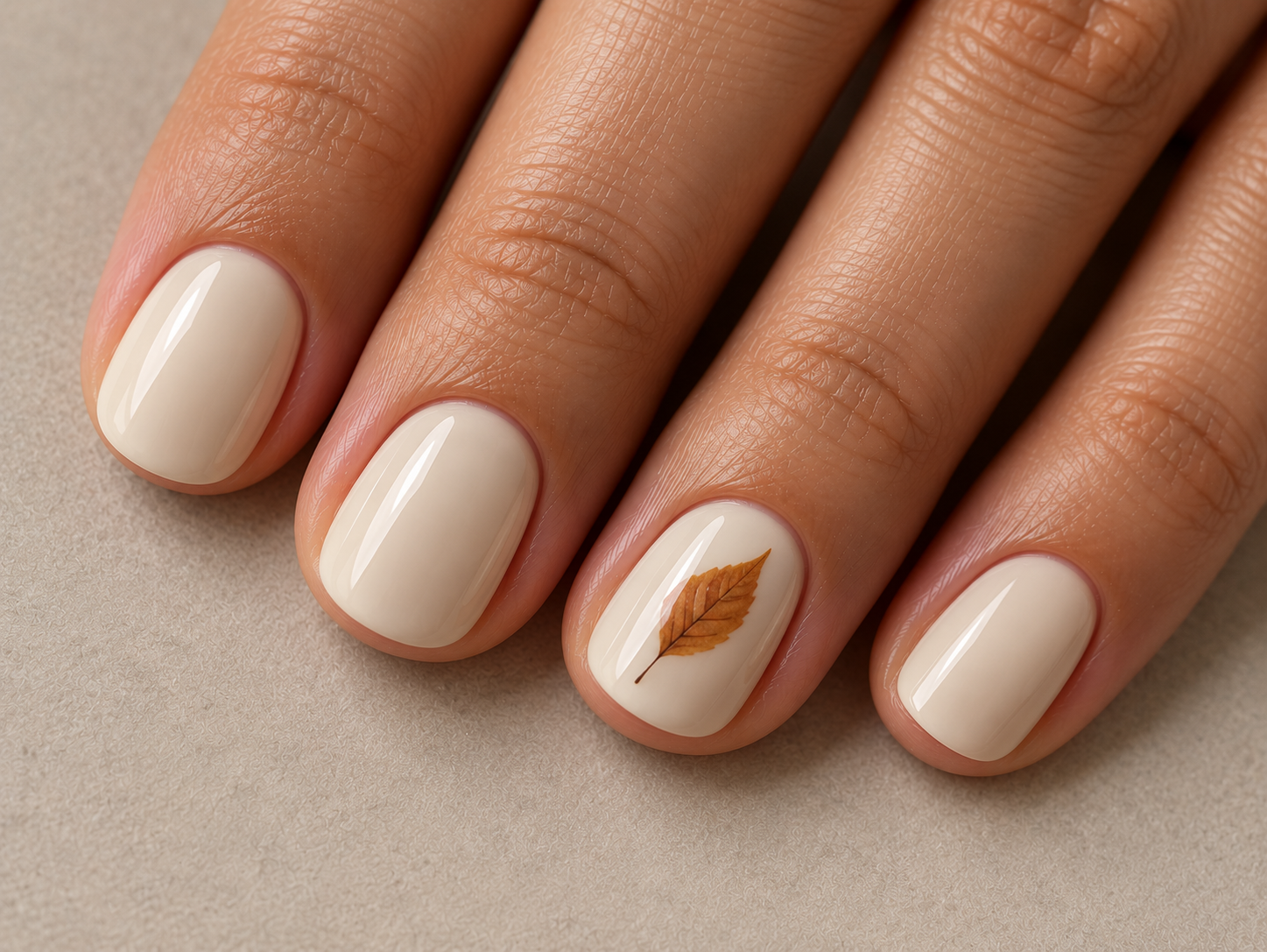 Short cream nails with a single flat ochre leaf placed diagonally on the ring fingernail.