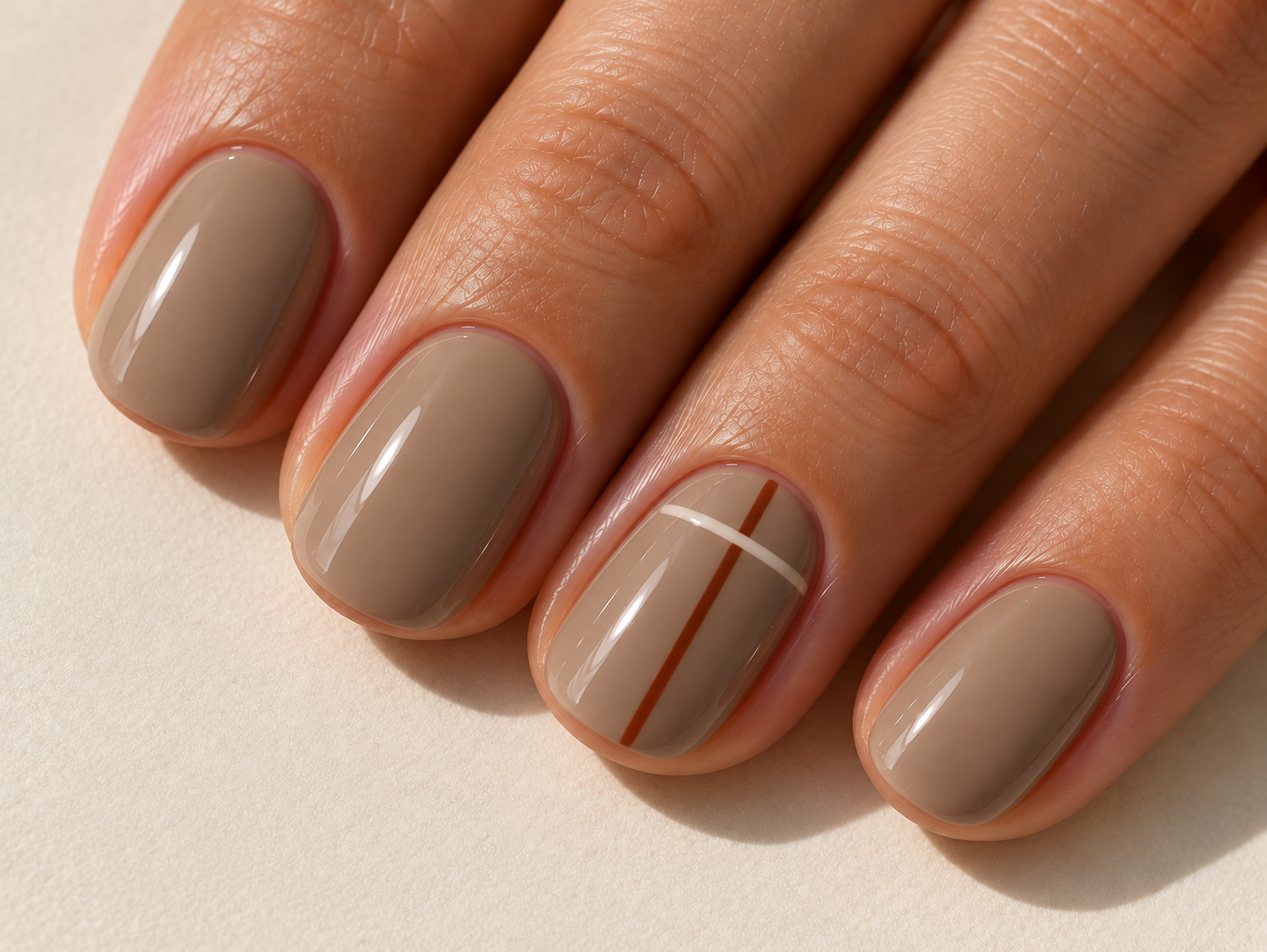 Short mushroom-beige nails with one thin rust vertical line crossed by a cream horizontal line on the ring fingernail.