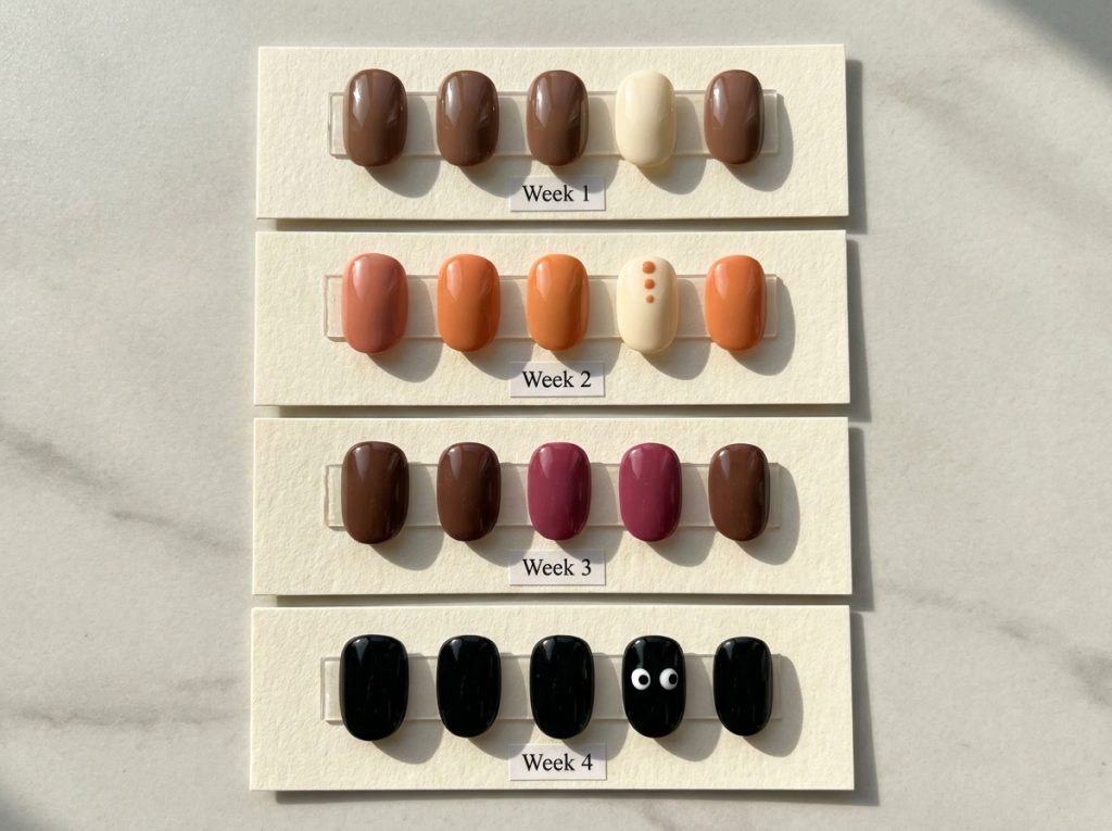 Four October manicure plans arranged on short practice nail tips.