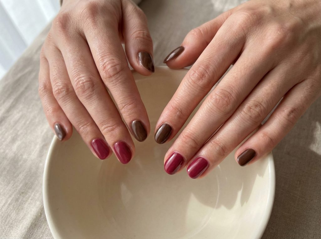 Chocolate and berry nails share a glossy finish and a simple two-color layout.