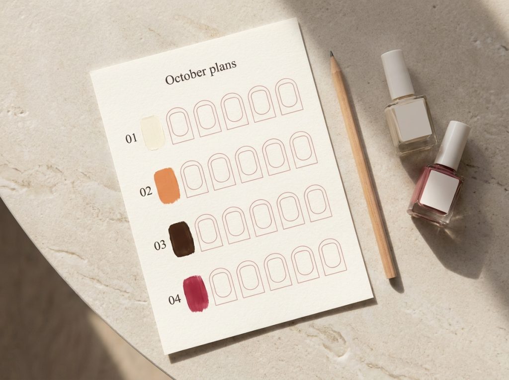 A four-week manicure planner with space for colors and accent designs.