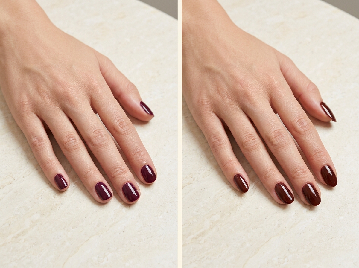 Ongles courts bordeaux vin brillants à gauche et ongles ovales bordeaux acajou aux nuances brunes à droite.