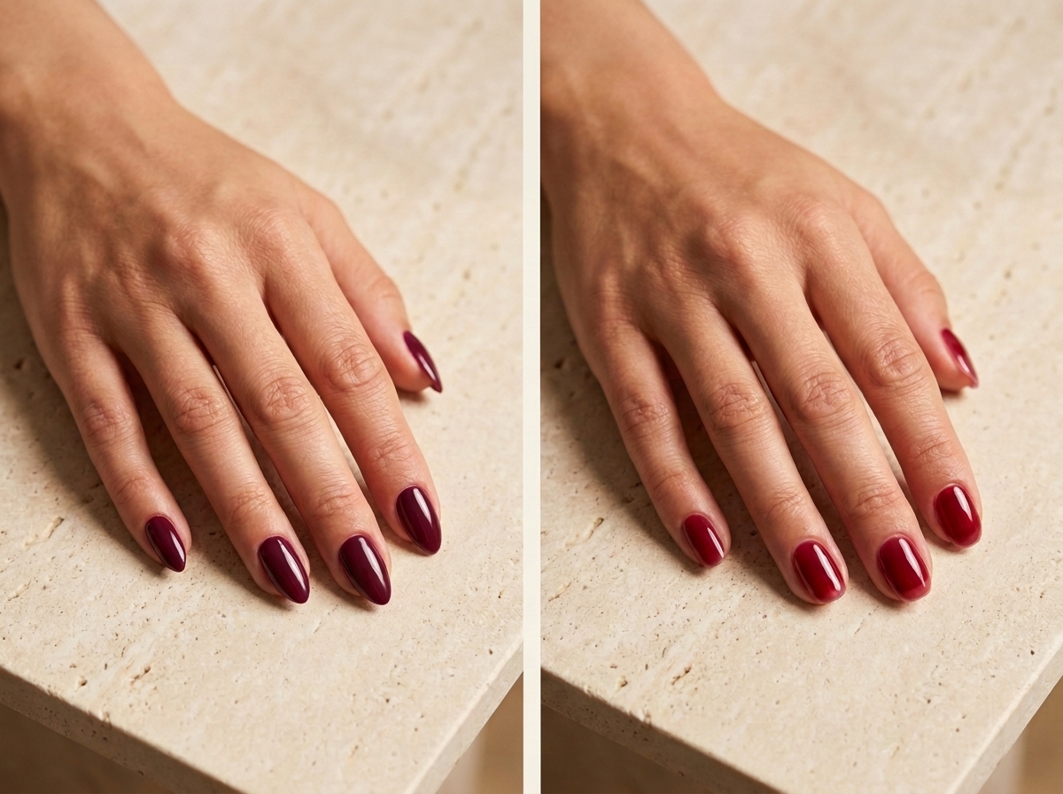 Manucure bordeaux prune sur ongles en amande à gauche et bordeaux jelly translucide sur ongles arrondis à droite.