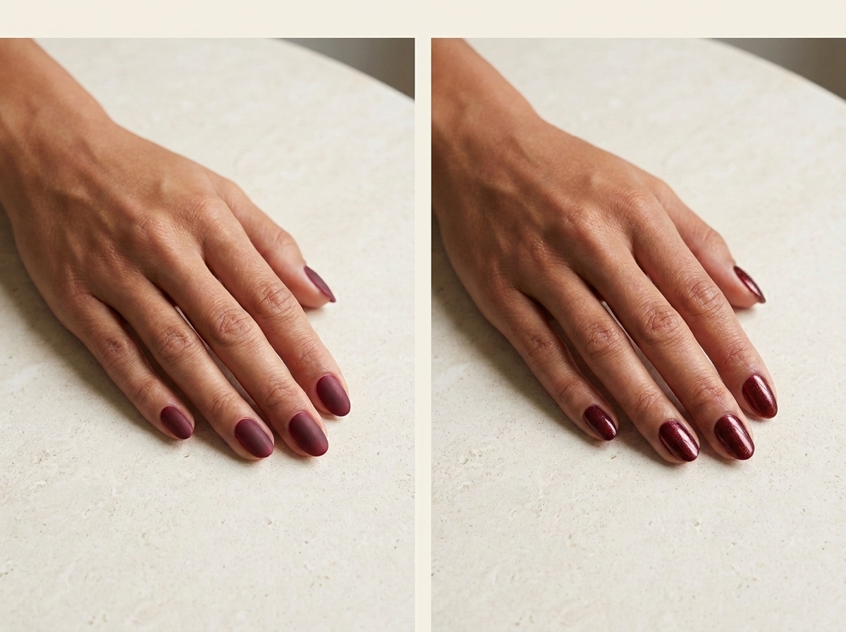 Ongles ovales bordeaux satinés à gauche et manucure bordeaux au reflet nacré rosé très fin à droite.