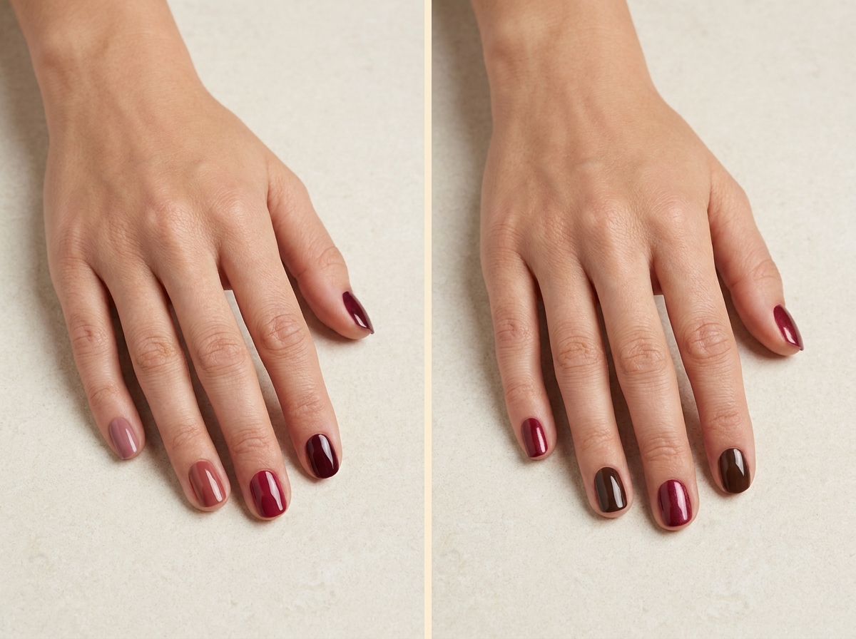 Cinq ongles en camaïeu du rose ancien au bordeaux à gauche et manucure bordeaux et chocolat noir à droite.