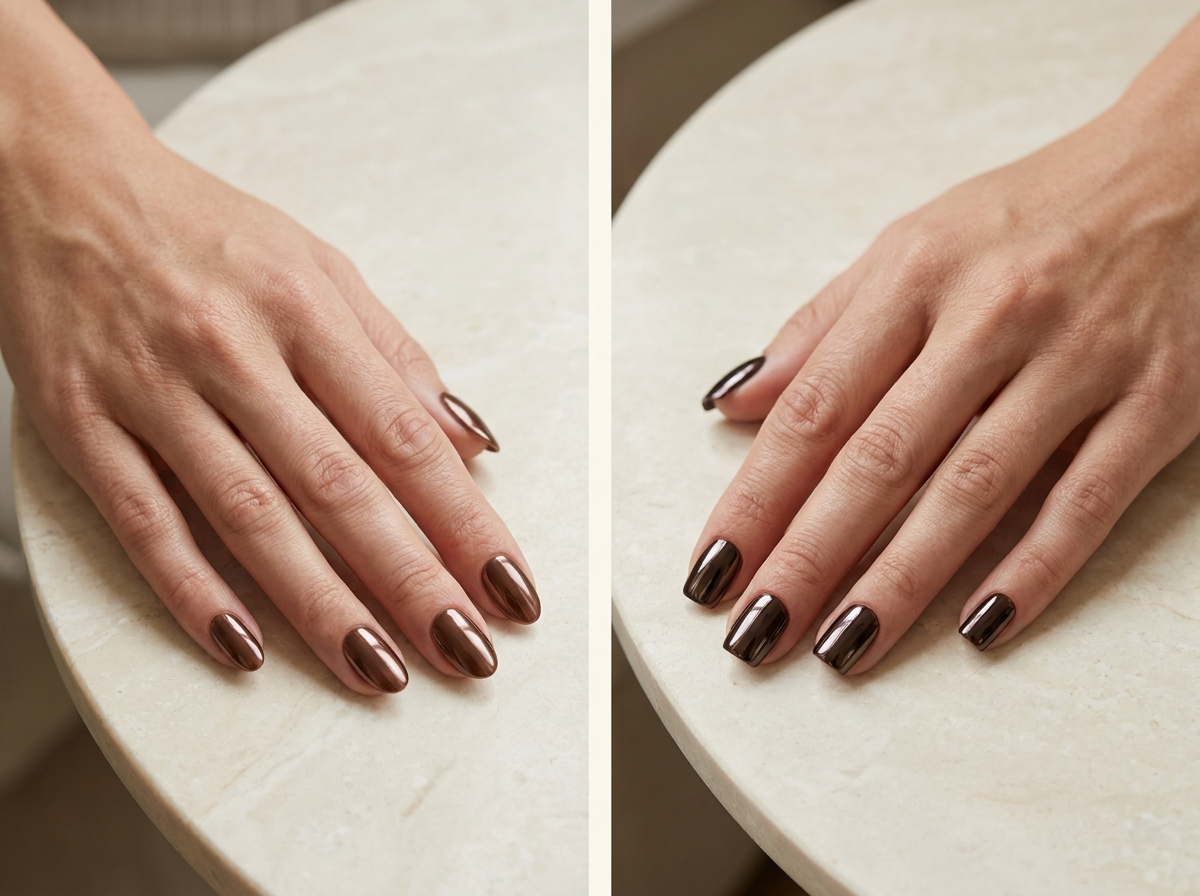 Ongles ovales chocolat chromé à gauche et ongles en carré doux espresso chromé à droite.