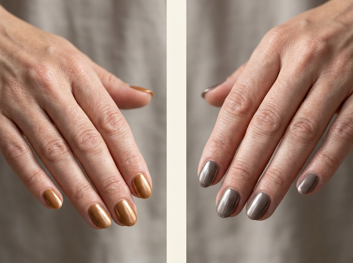 Manucure caramel chromé sur ongles courts à gauche et taupe chromé légèrement fumé à droite.