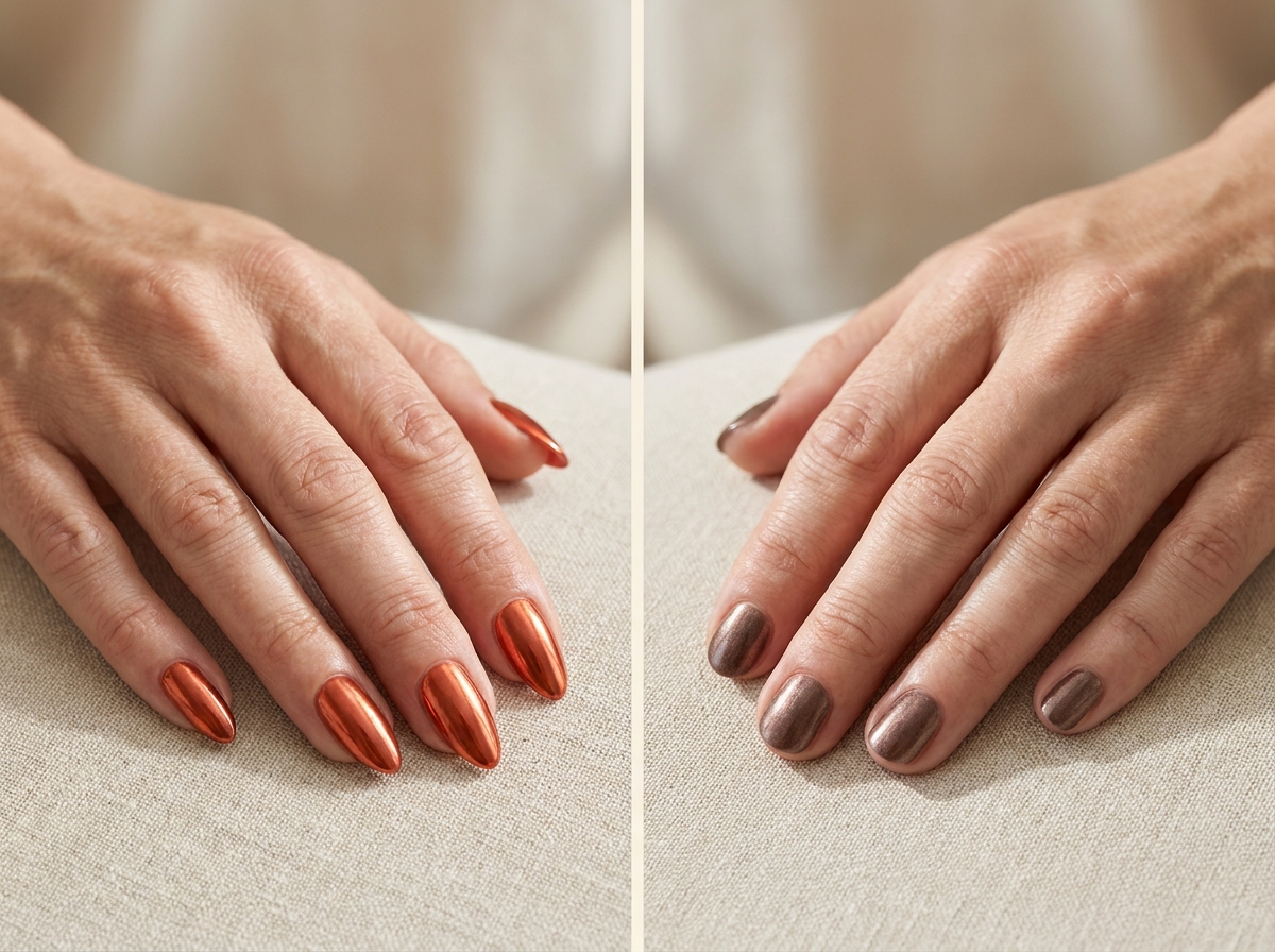 Ongles en amande cuivre poli à gauche et ongles courts arrondis bronze brun à droite.