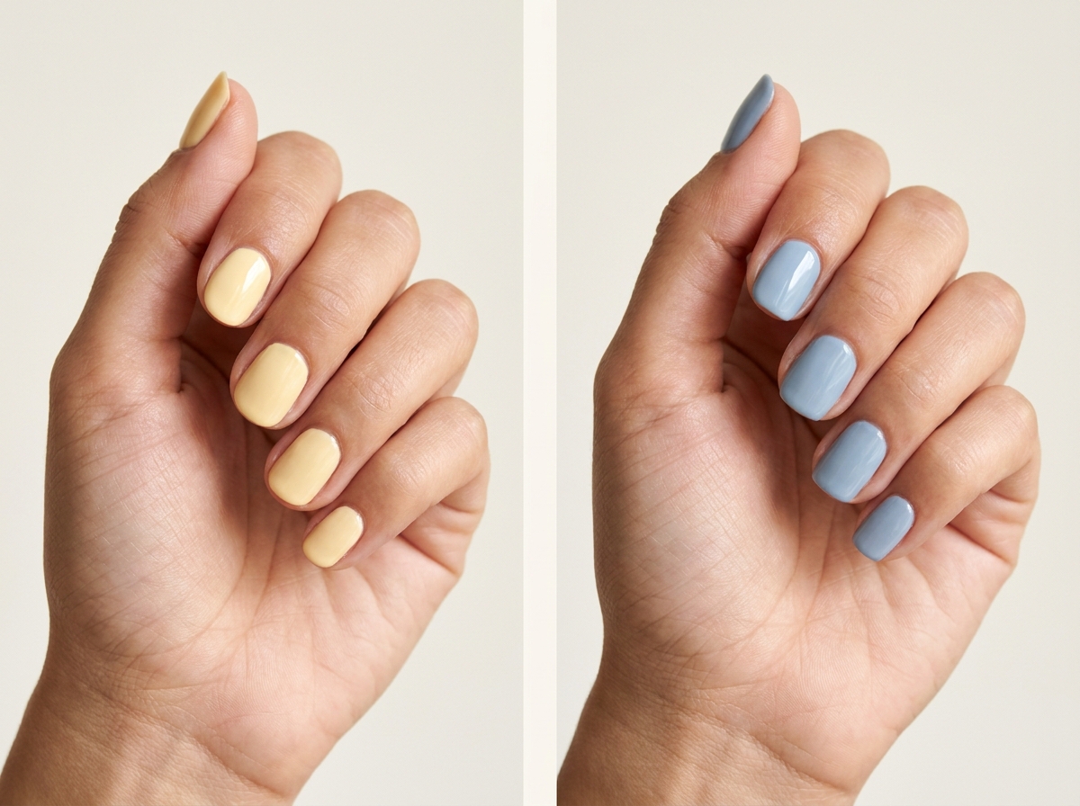 Left: Butter-yellow short rounds. Right: Powder-blue squovals. Two manicure designs.