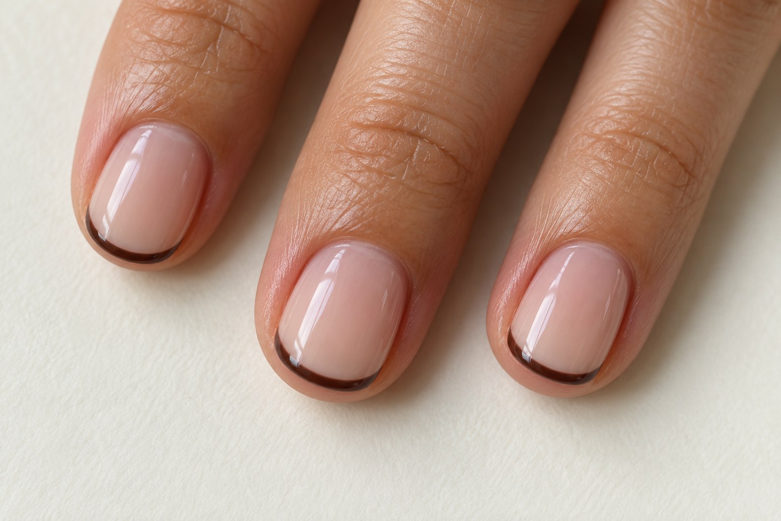 Short rounded nails with sheer pink-beige bases and narrow espresso French tips.