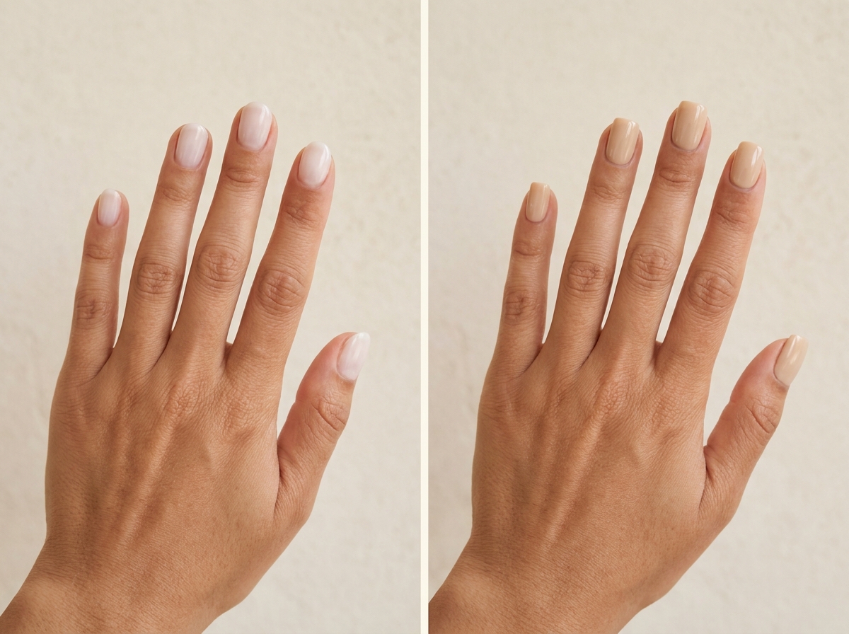 Short rounded nails in glossy milk white compared with short squoval nails in translucent oat-beige milk.