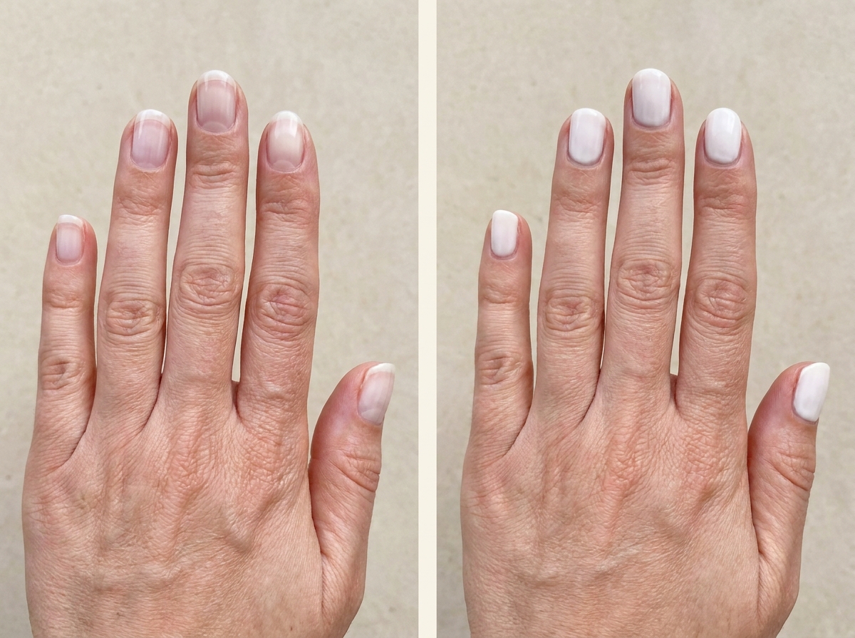 Nearly bare short milk-bath nails beside short nails painted a creamier but still softly translucent white.
