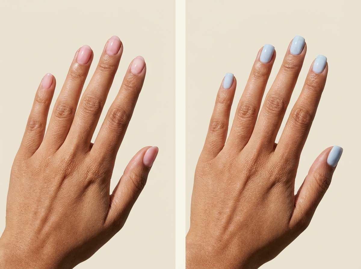 Short oval nails with sheer strawberry milk pink beside short squoval nails with a pale blueberry milk finish.