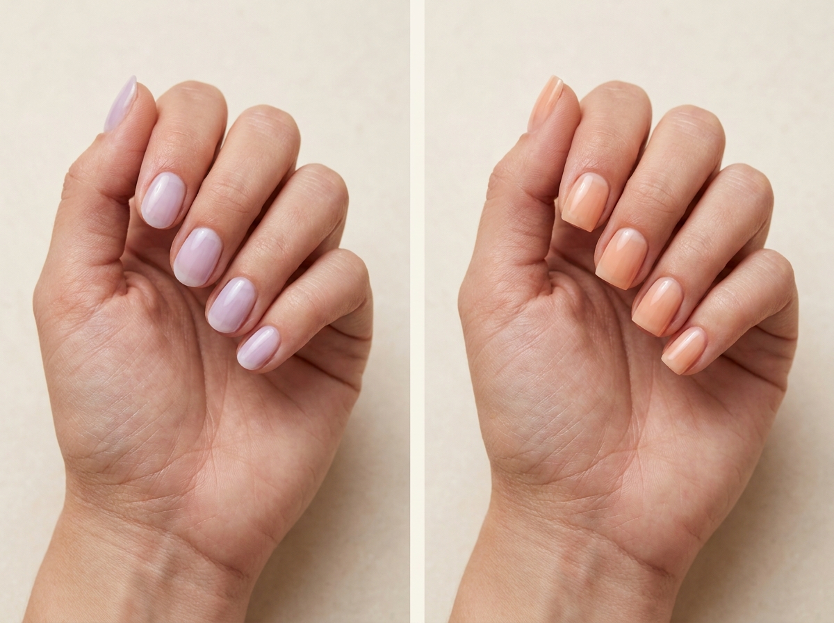 Short rounded lavender milk nails beside short square nails painted a sheer peach milk shade.