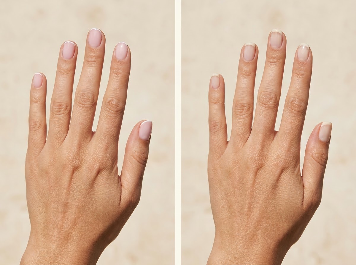 Short milky pink nails with fine white micro French tips compared with short oat-milk nails edged in soft cream.