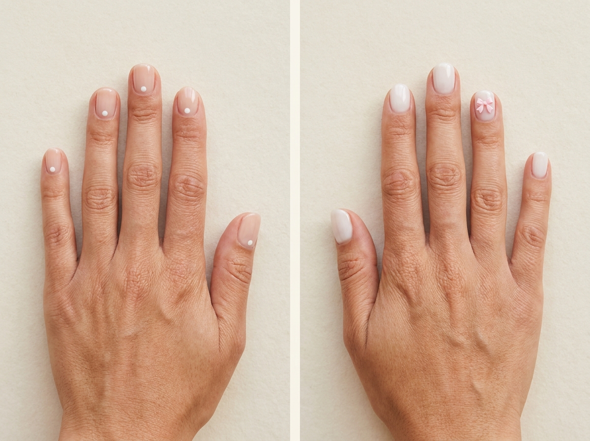 Short milky nude nails with one white dot each compared with short milk-white nails with one small flat pink bow accent.