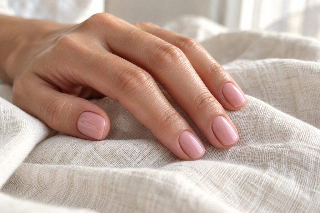 Illustrated soft pink manicure on short rounded nails