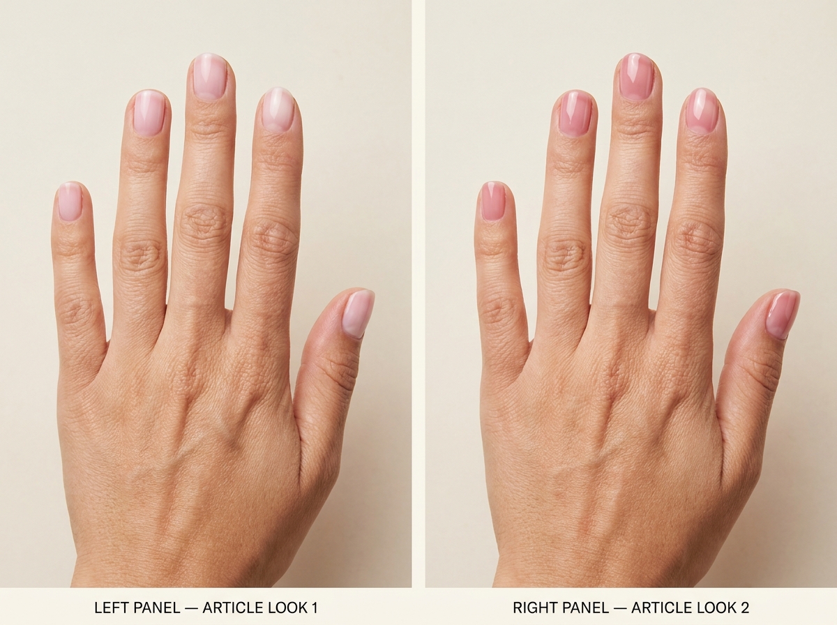 Classic cloudy strawberry milk pink nails compared with a clearer glossy rose-pink milk manicure on short natural nails.