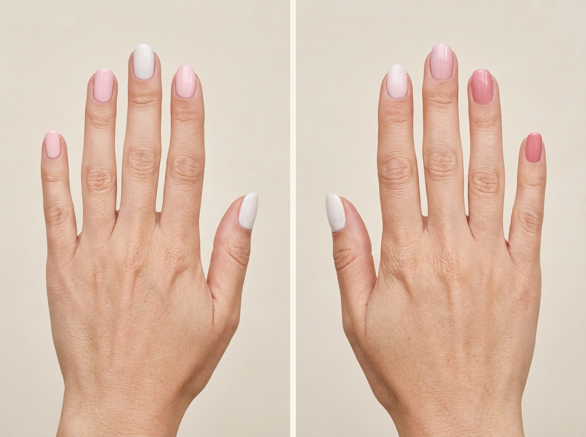 Alternating milky white and strawberry pink nails beside a five-nail gradient from white milk to rosy strawberry milk.