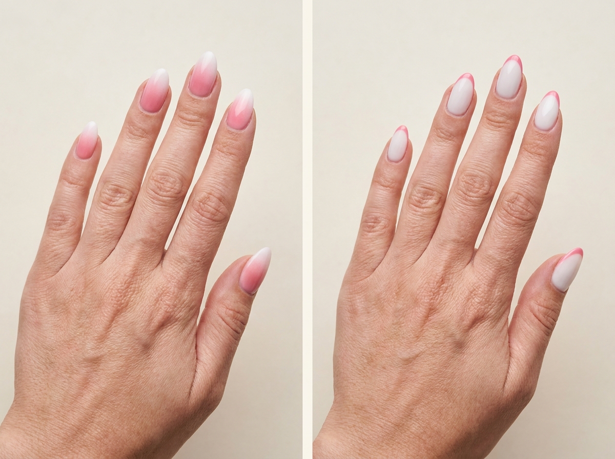 Strawberry pink nails fading into white tips compared with milky white nails edged in a slim strawberry-pink French line.