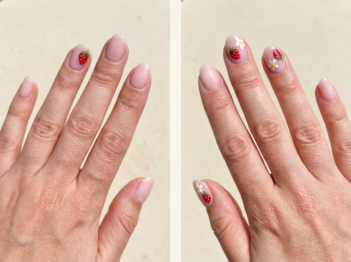 Milky pink nail with a tiny strawberry at the corner compared with a strawberry milk manicure featuring one small berry and a white dot flower.