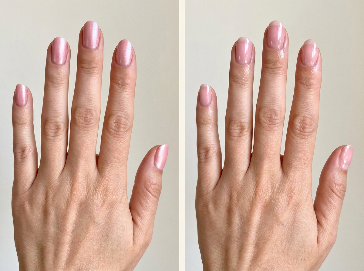 Strawberry milk nails with a fine pearly glow compared with softly glazed pink milk nails reflecting more light.