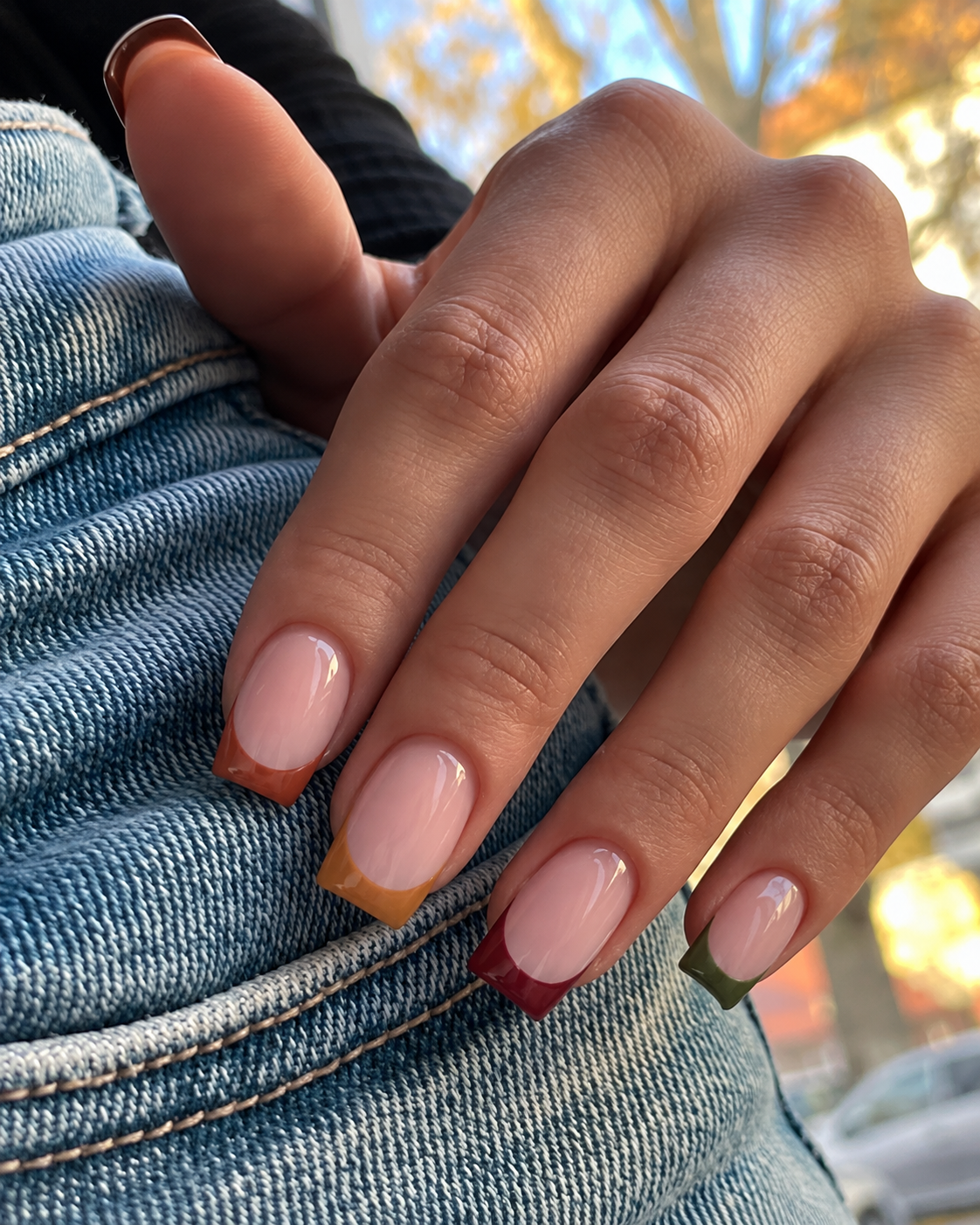 Nude oval nails with chestnut, terracotta, honey, cranberry and olive French tips.
