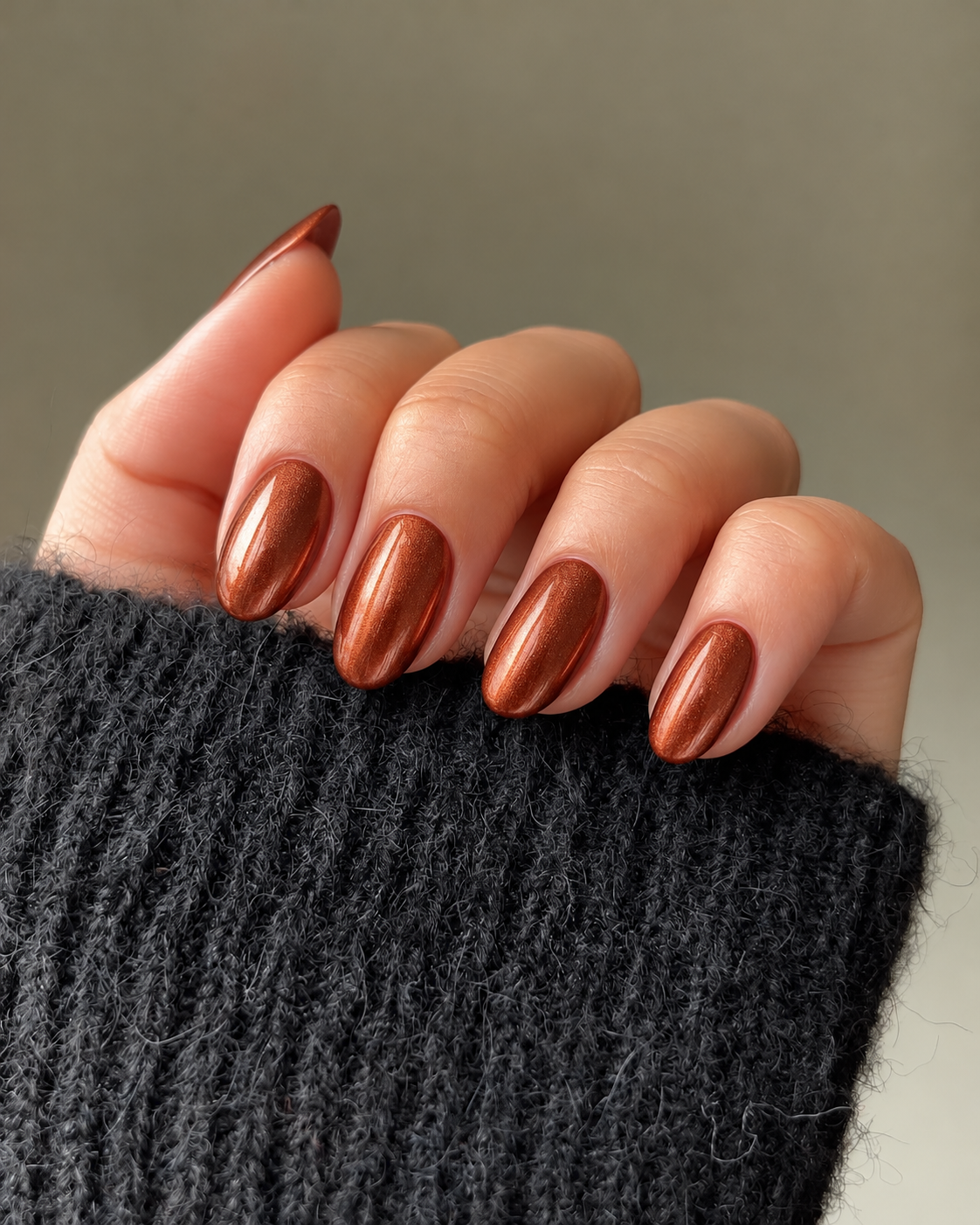 Short oval nails with a soft reddish-copper metallic finish.