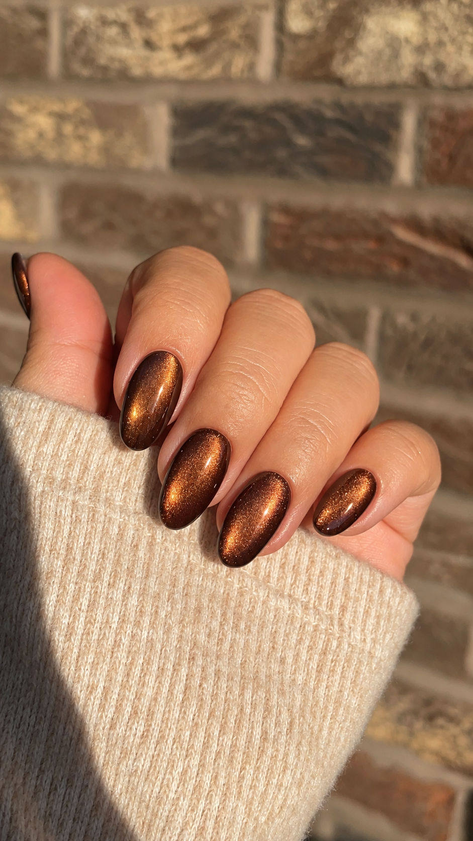 Short oval brown-bronze nails with a broad velvet-like magnetic glow.