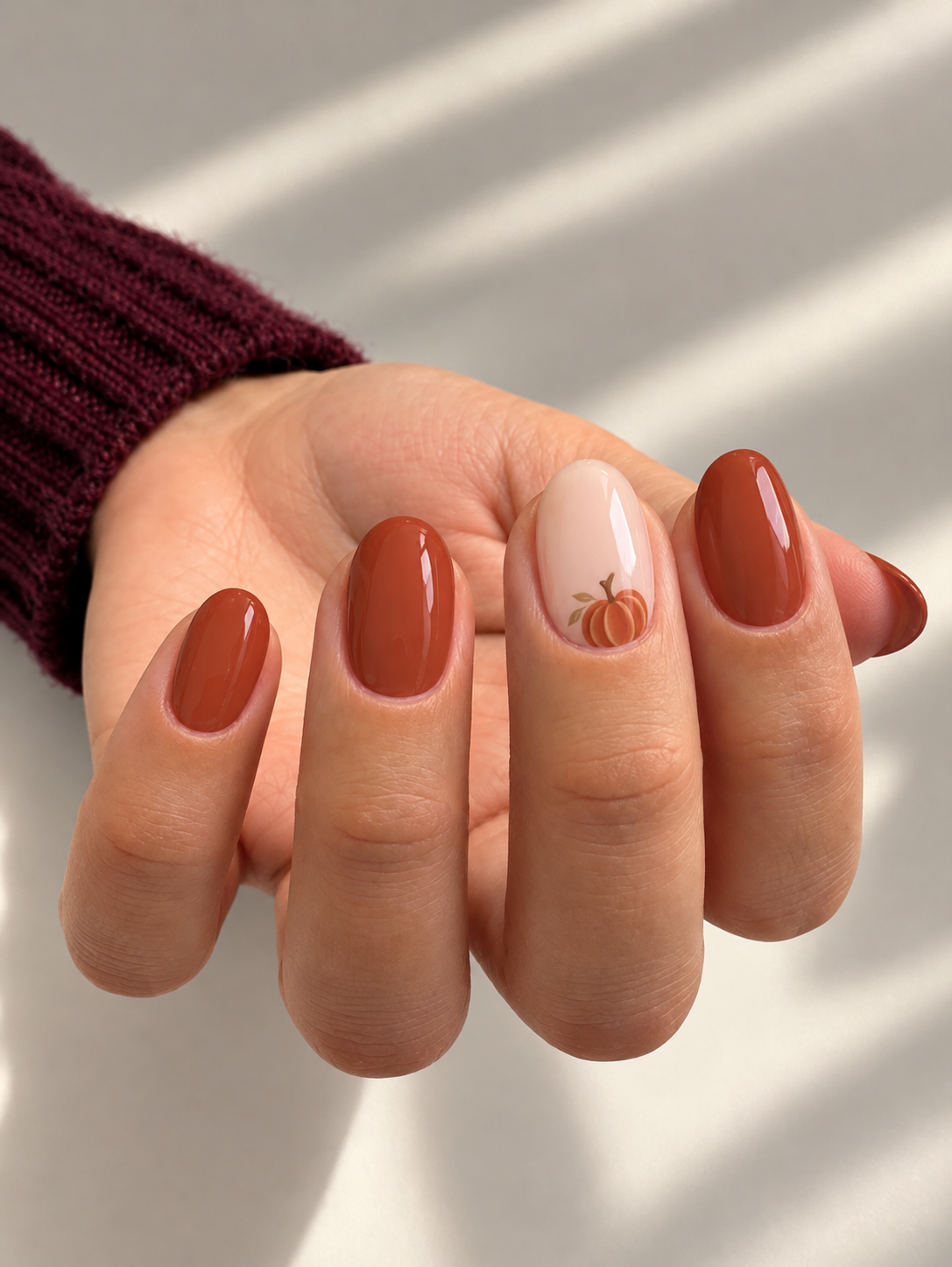 Terracotta nails with a nude ring-finger accent featuring one small terracotta pumpkin.