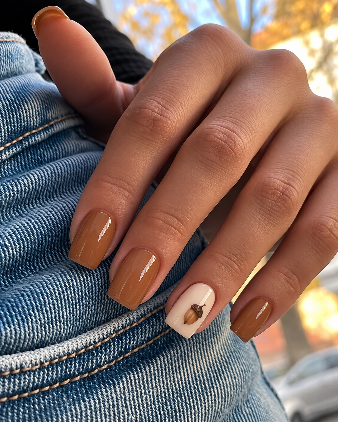 Short caramel nails with one tiny brown acorn on an oat ring-finger accent.