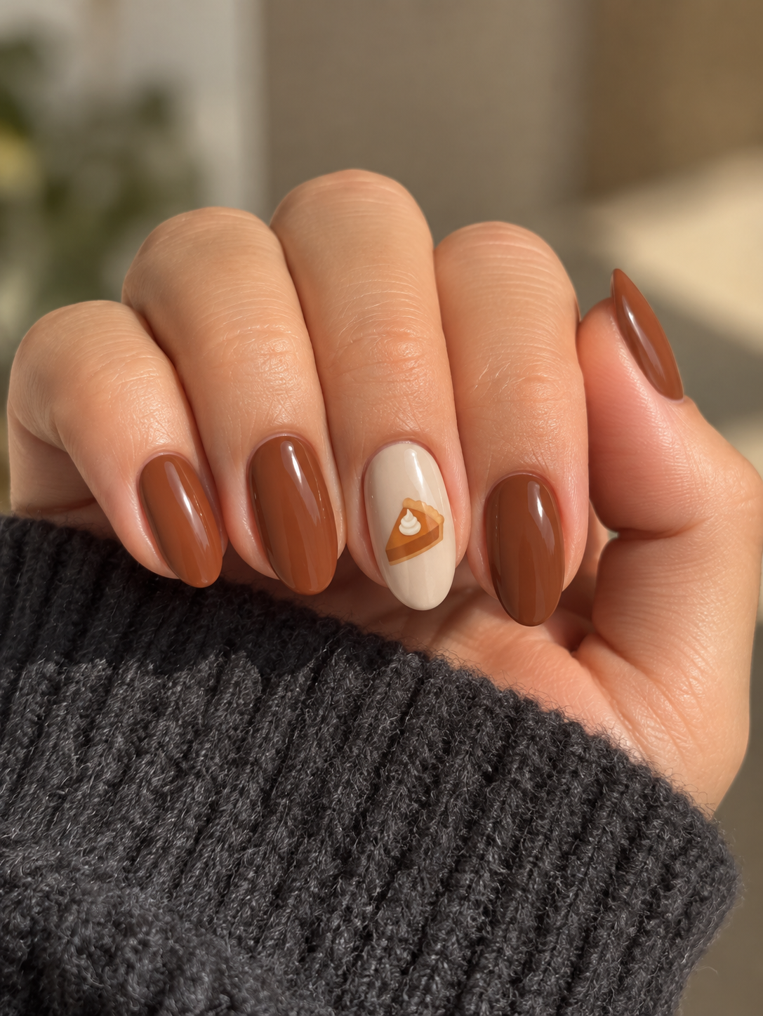 Cinnamon nails with a small pumpkin-pie slice on an oat ring-finger accent.