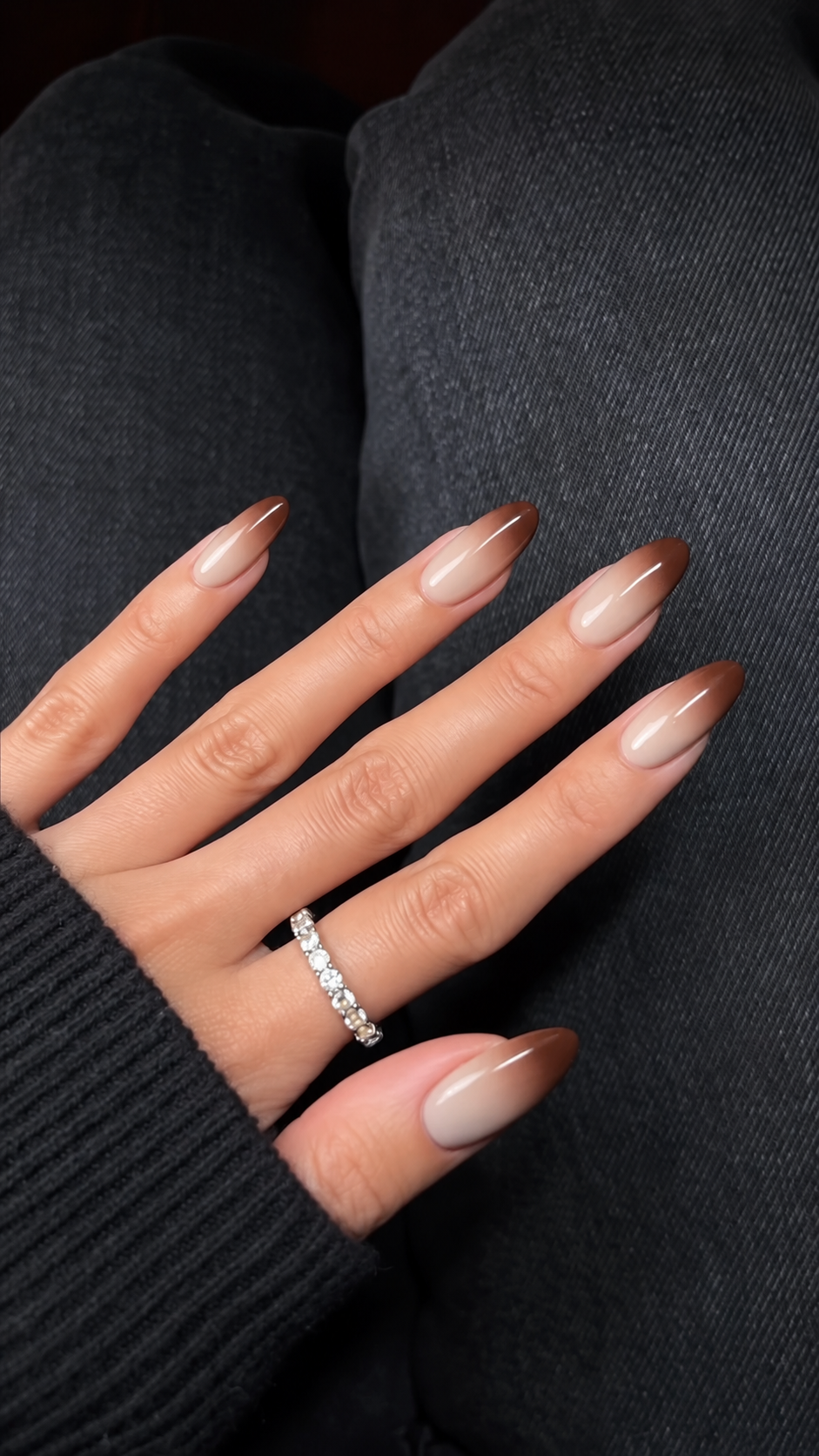 Moderate almond nails with a smooth cream-to-cocoa gradient from each cuticle to its tip.