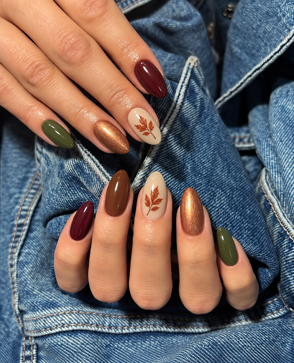 Oval nails combining cranberry, chestnut, copper and olive with one russet leaf on an oat middle nail.