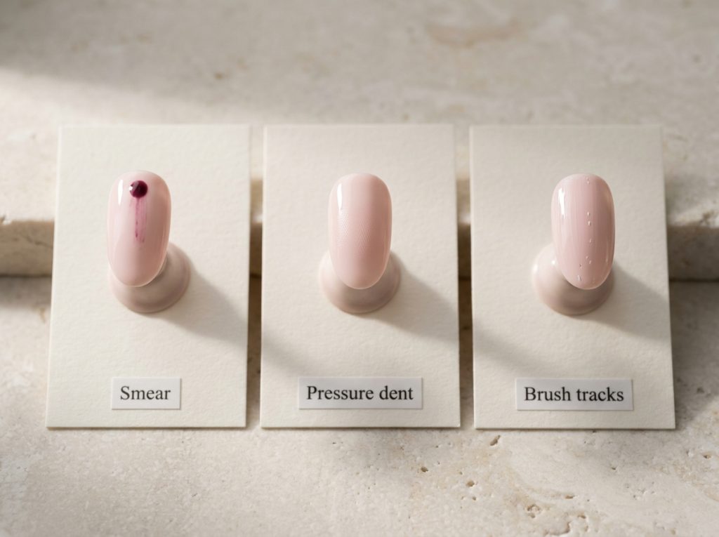 Illustrative samples show a dragged dot, a fabric impression and a disturbed polish surface.